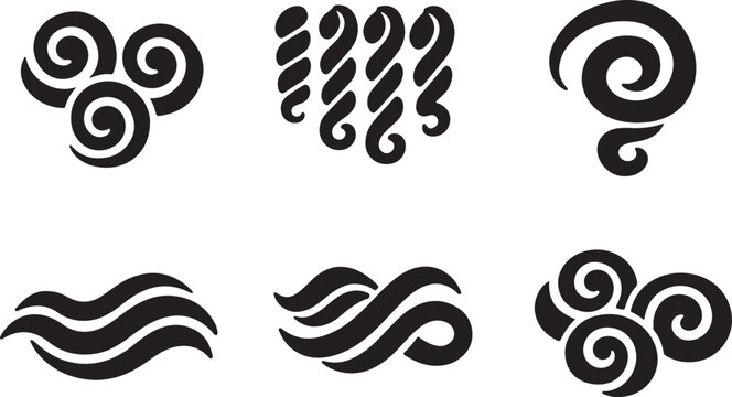 Abstract decorative ringlet hair texture silhouette vector icon set with elegant swirl curls design.