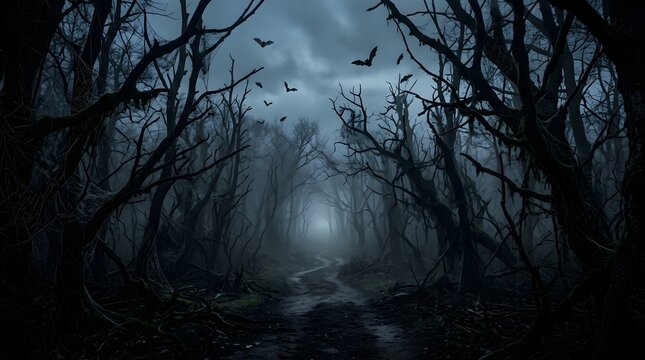 Spooky halloween forest path a dark and eerie happy halloween scene