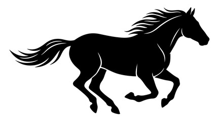 Running horse silhouette illustration showing dynamic motion with flowing mane and tail representing speed, freedom, and strength in black © Toqeer