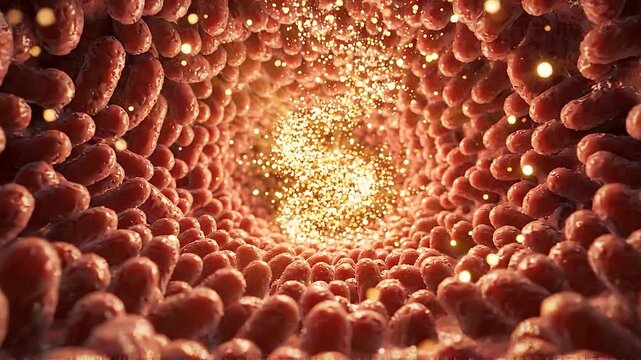 Intestinal Villi Microscopic View A stunning microscopic depiction of intestinal villi resembling a cave like tunnel adorned with glowing particles