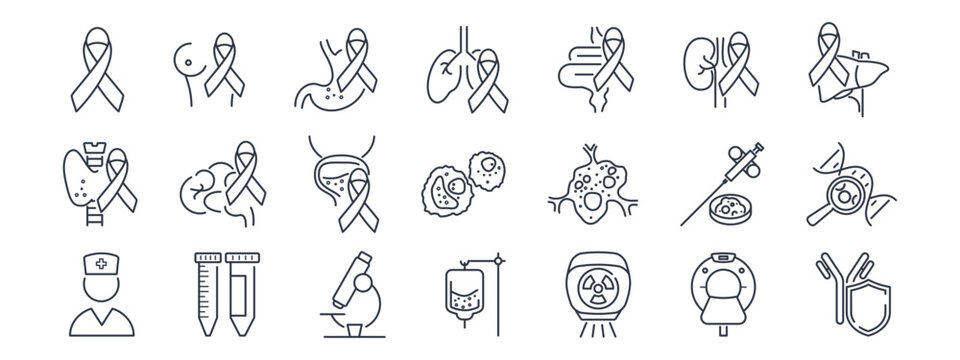 Cancer screening line icon set. Ribbon, tumor, biopsy, stomach, lungs, kidney, radiation, microscope minimal vector illustration. Outline signs for oncology. Editable Stroke.