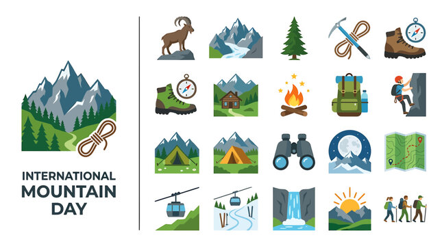 Set of mountain adventure and outdoor camping flat vector icons