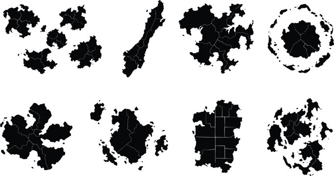 Set of abstract island group silhouettes, archipelago map fragments, and fragmented landmass shapes for geography design projects