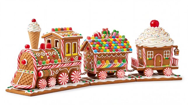 Festive gingerbread train decorated with colorful candies and icing isolated on transparent background