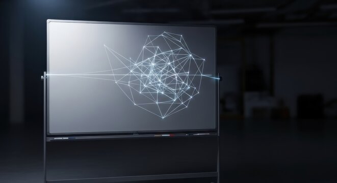 A futuristic network diagram displayed on a large screen in a dark room