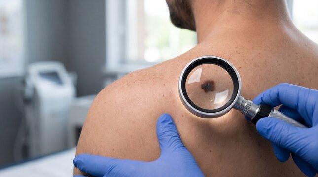 Dermatologist Examining Suspicious Mole with Dermatoscope During Skin Cancer Screening