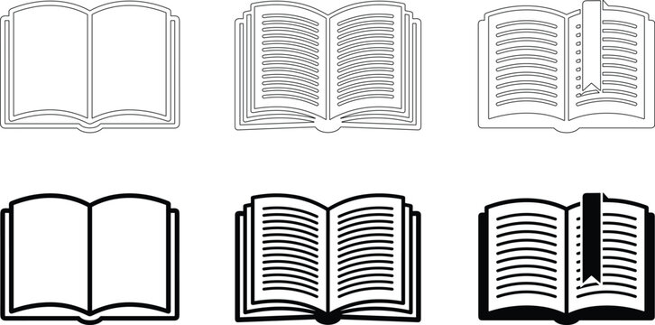 Set of open book icons and literature reader graphics with literature education learning knowledge bookmark textbook academic research bookstore