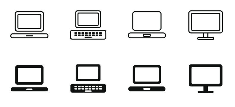 computer icon set line and solid style. desktop monitor screen and keyboard symbols. pc workstation and laptop device collection. minimal black outline vector illustration. transparent background
