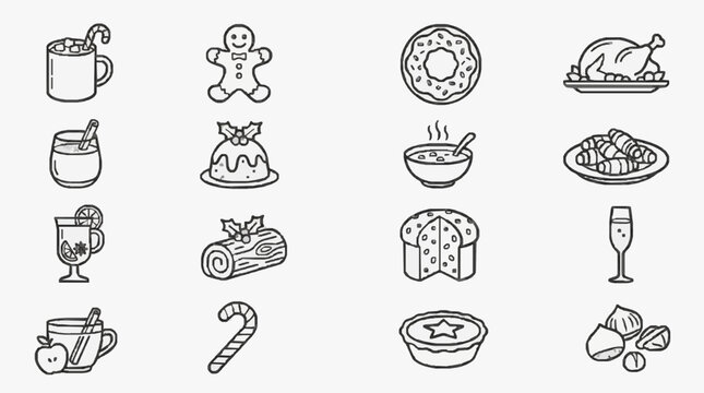 Industrial Style Black and White Line Drawing Set of Holiday and Seasonal Food and Drink Illustrations