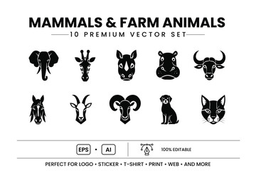 Mammals and farm animals vector icon set with elephant giraffe rhino hippo bull horse goat ram dog and cat silhouettes © Ashikur