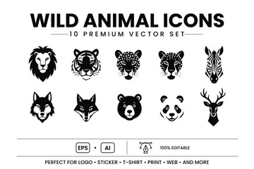 Obraz premium Wild animal faces vector icon set with lion tiger leopard zebra wolf fox bear panda and deer silhouettes