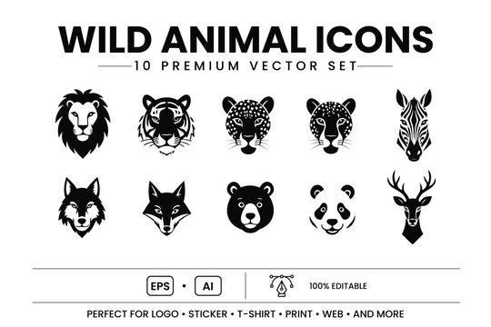 Wild animal faces vector icon set with lion tiger leopard zebra wolf fox bear panda and deer silhouettes
