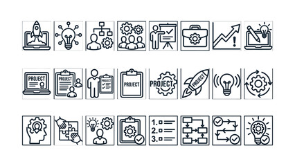 Black and white line icons for business and project management concepts © Ashok