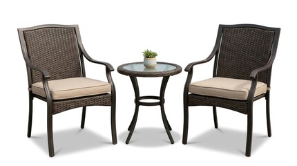 Fototapeta premium A brown wicker patio set with two armchairs and a glass-top table.