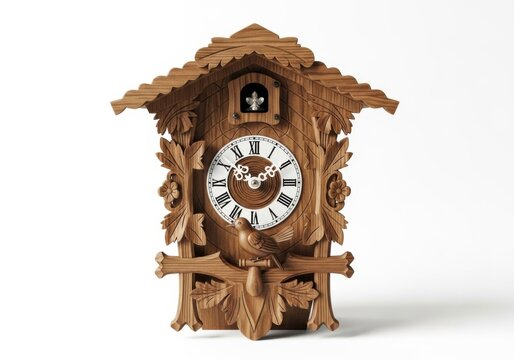 Antique Cuckoo Clock: A beautifully carved wooden cuckoo clock with intricate details, featuring a classic clock face and a decorative bird perched below the pendulum, ready to announce the hour.