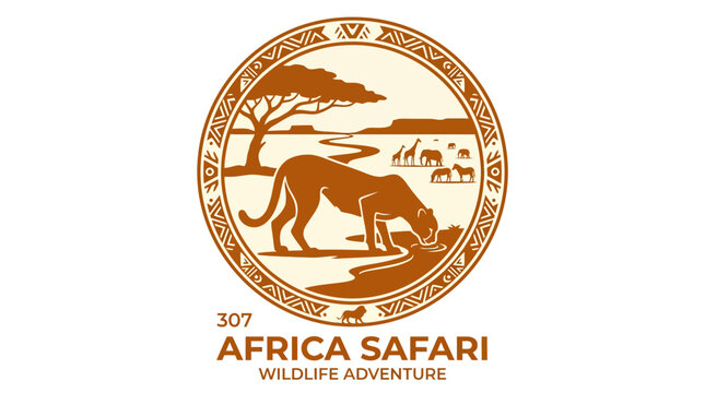 Circular African safari logo featuring leopard drinking at waterhole.