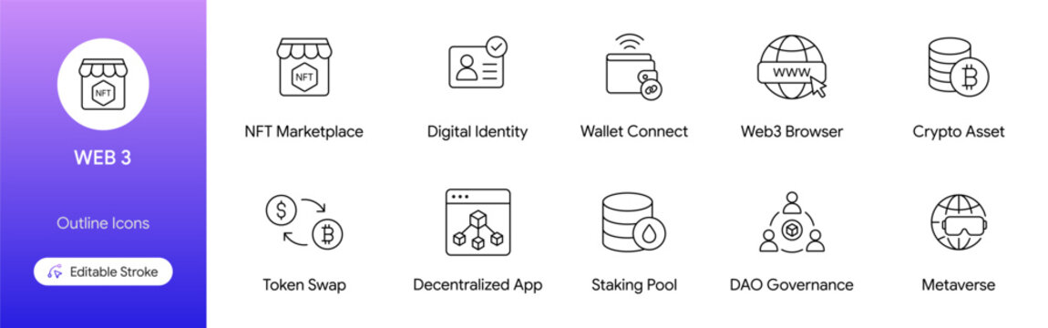 Web3 icons set featuring NFT marketplace digital identity wallet connect web3 browser crypto asset and decentralized app vector illustration