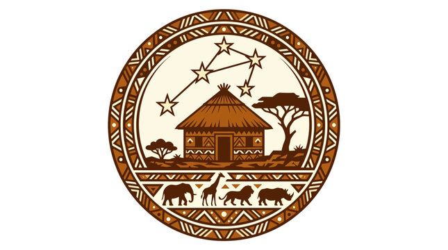 Circular tribal emblem featuring traditional African hut and stars.
