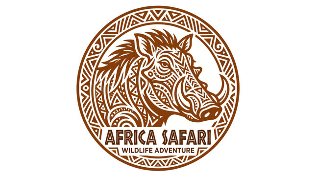 Circular warthog emblem with intricate tribal pattern design.