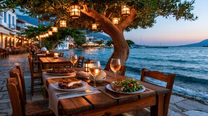 Fototapeta premium Romantic greek island restaurant dinner at sunset