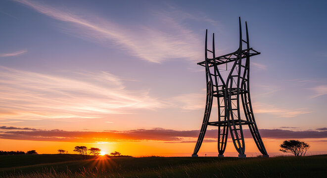 Modern artistic electricity pylon silhouette against vibrant sunset
