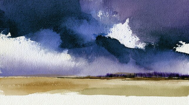 Abstract watercolor landscape artwork, textured sky of dark blue violet indigo washes with exposed white paper on upper section, flat earthy tan light brown pale olive foreground