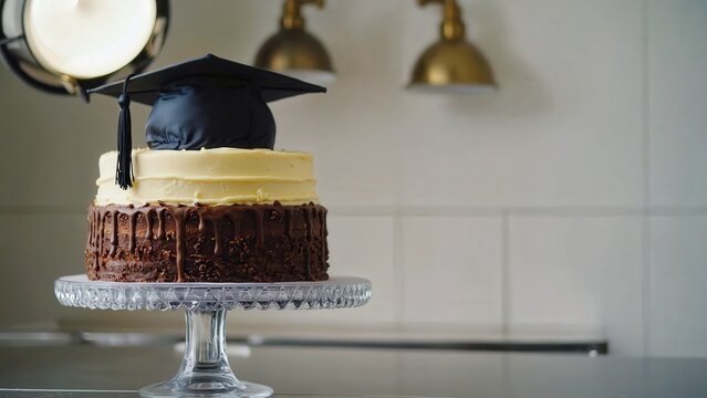 Layered graduation cake on glass stand