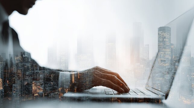 Business finance and investment concept with double exposure of businessman working on laptop computer and modern city office buildings financial technology background