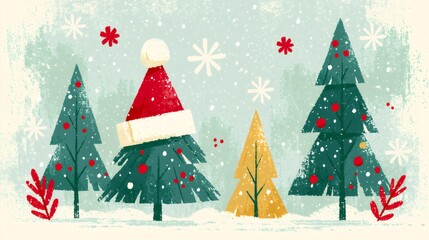 Obraz premium Christmas trees wearing santa hat and falling snow
