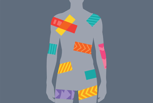 Gray human silhouette with colorful kinetic tapes applied to various body parts for physical therapy and athletic recovery support.