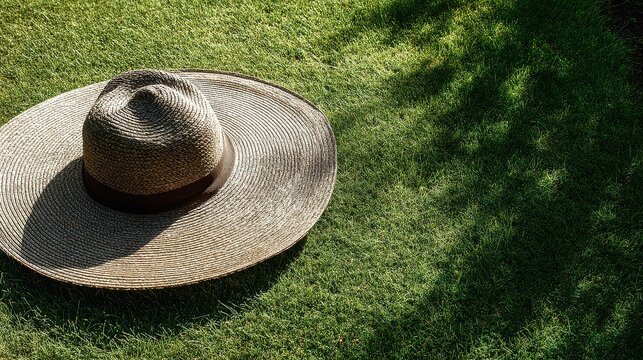 Round Flat Stone Hat on Green Grass in Sunlight, Minimal Garden Zen Photography