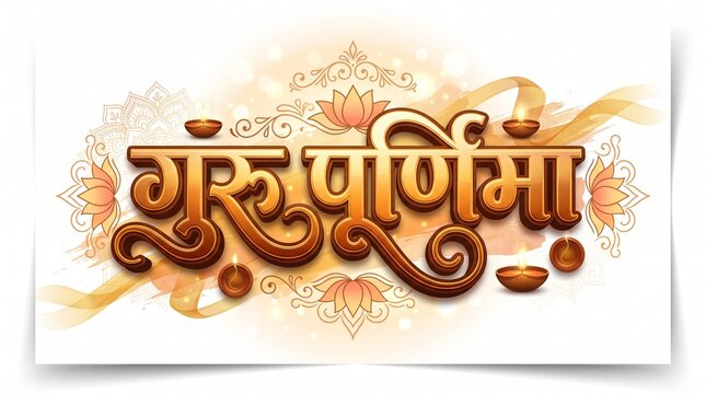 Luxurious festive greeting card design featuring bold, ornate Devanagari calligraphy reading गुरु पूर्णिमा at the center, crafted as 3D beveled lettering with a rich metallic gold-to-amber gradient
