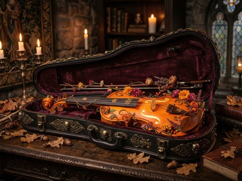 A violin with flowers in a decorative case on a wooden table