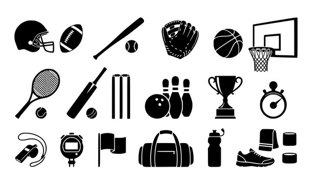 Sports equipment silhouette collection with football baseball basketball tennis cricket and bowling