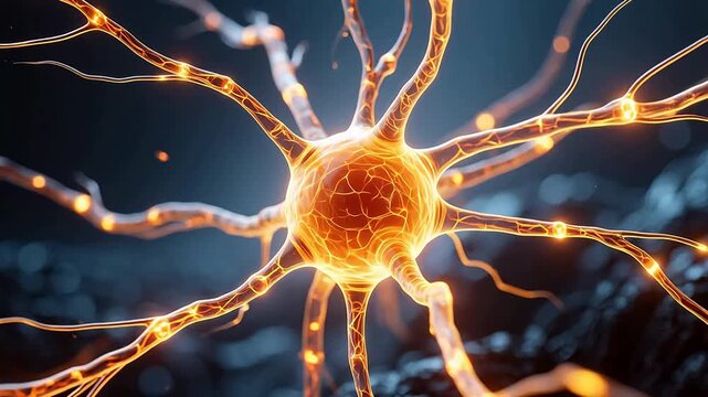 Glowing neuron structure with orange cell body