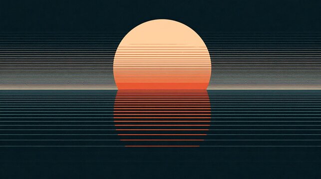 Retro synthwave sun setting over a dark sea. Vintage 1980s aesthetic for electronic music and nostalgic design projects.