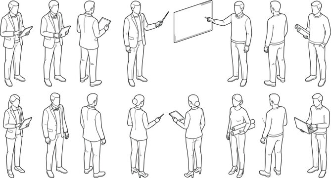 Isometric corporate business people and office workers presenting and working line art vector illustration set