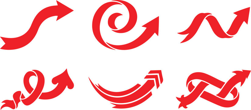 Set of red ribbon arrows with different shapes and curls