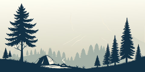 Snowy mountain camping landscape with pine trees and a tent at dusk © AF