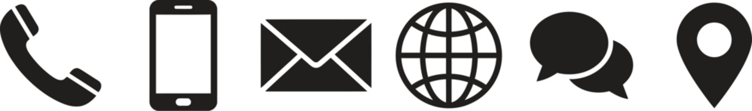 Set of black contact information icons featuring telephone mobile phone email globe chat and location pin