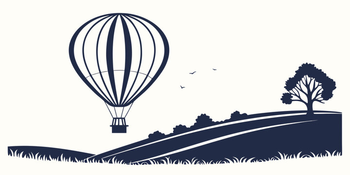 Hot air balloon silhouette against a white background, with a mountain landscape