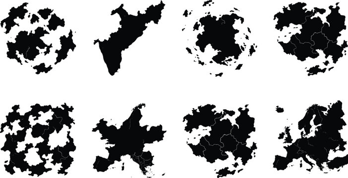 Set of abstract world map silhouettes, continent shapes, and global geography icons for cartography and design projects
