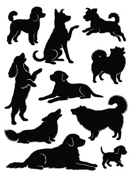 Dog Silhouettes Collection Set of Various Breeds and Poses