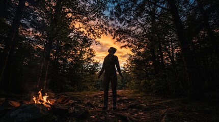 Fototapeta premium A person stands joyfully amid towering trees, basking in the warm glow of sunset. Flames flicker gently nearby, creating a cozy atmosphere surrounded by nature’s tranquility.