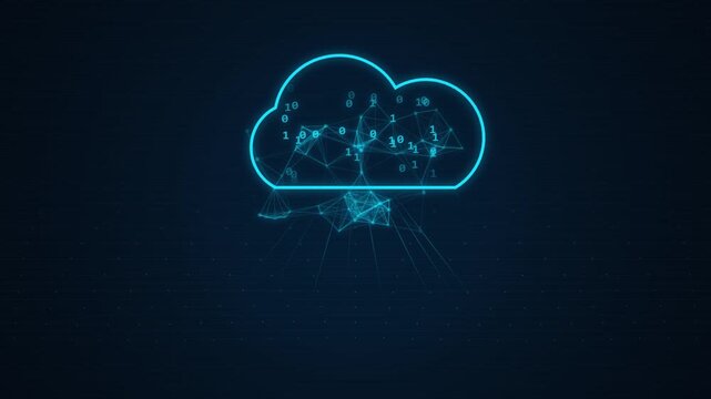 Glowing digital cloud icon with data streams and binary code, representing cloud computing and data transfer technology
