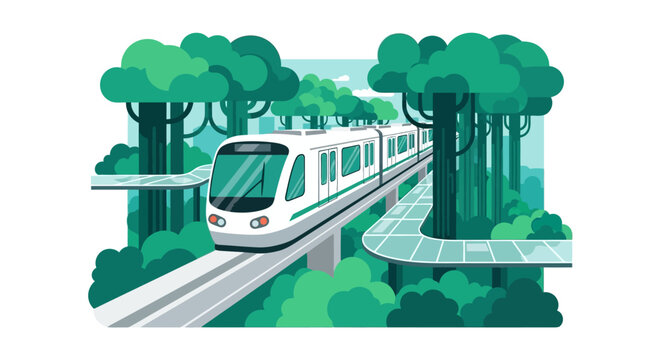 Sustainable Eco-Friendly High-Speed Train and Monorail Traveling Through a Lush Green Forest, Modern Future Public Transport Vector Illustration