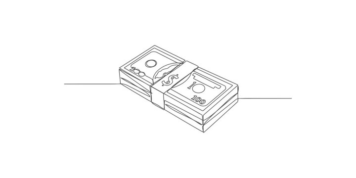 Continuous one line drawing of a stack of one hundred dollar bills tied with a paper band