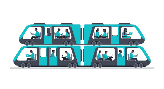 Modern commuters working on laptops inside teal public transport train cars, flat vector illustration of urban mobility and remote work lifestyle.