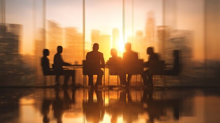Fototapeta premium Business team meeting in modern office at sunset with blurred silhouettes and city skyline through glass windows