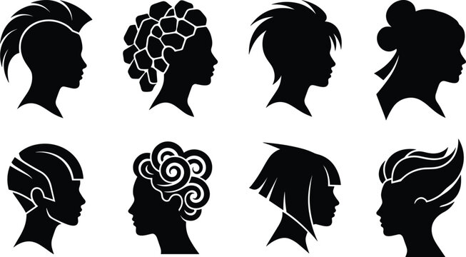 Set of black and white silhouette profiles of women showcasing diverse modern hairstyles and creative trendy haircuts